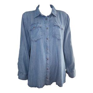 Molly & Isadora Shirt Top Womens Plus Size 1X Blue Chambray Button Down Casual
